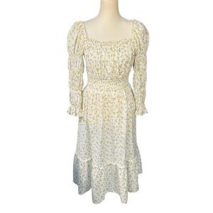 Rahi Ditsy Floral Yellow Print Smocked Nap Puff Sleeve Long Sleeve Midi Dress Si